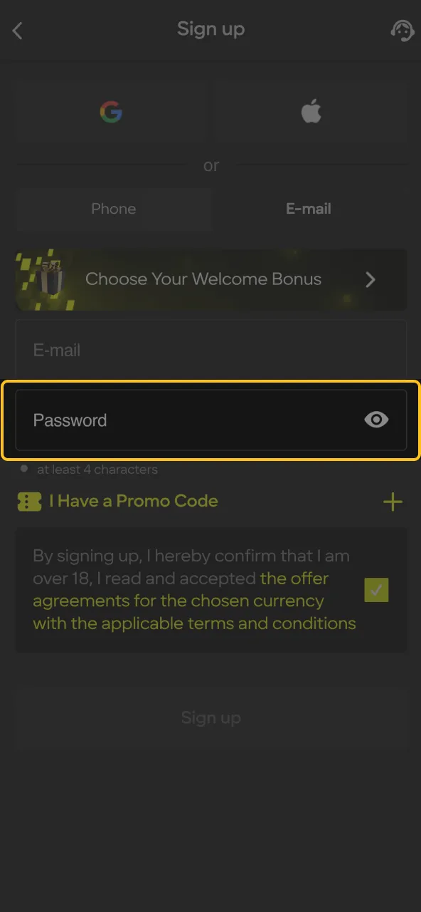Create a strong password during Parimatch registration.