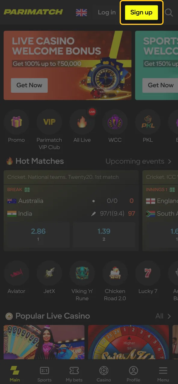 Start creating your Parimatch account by pressing the Sign Up button.