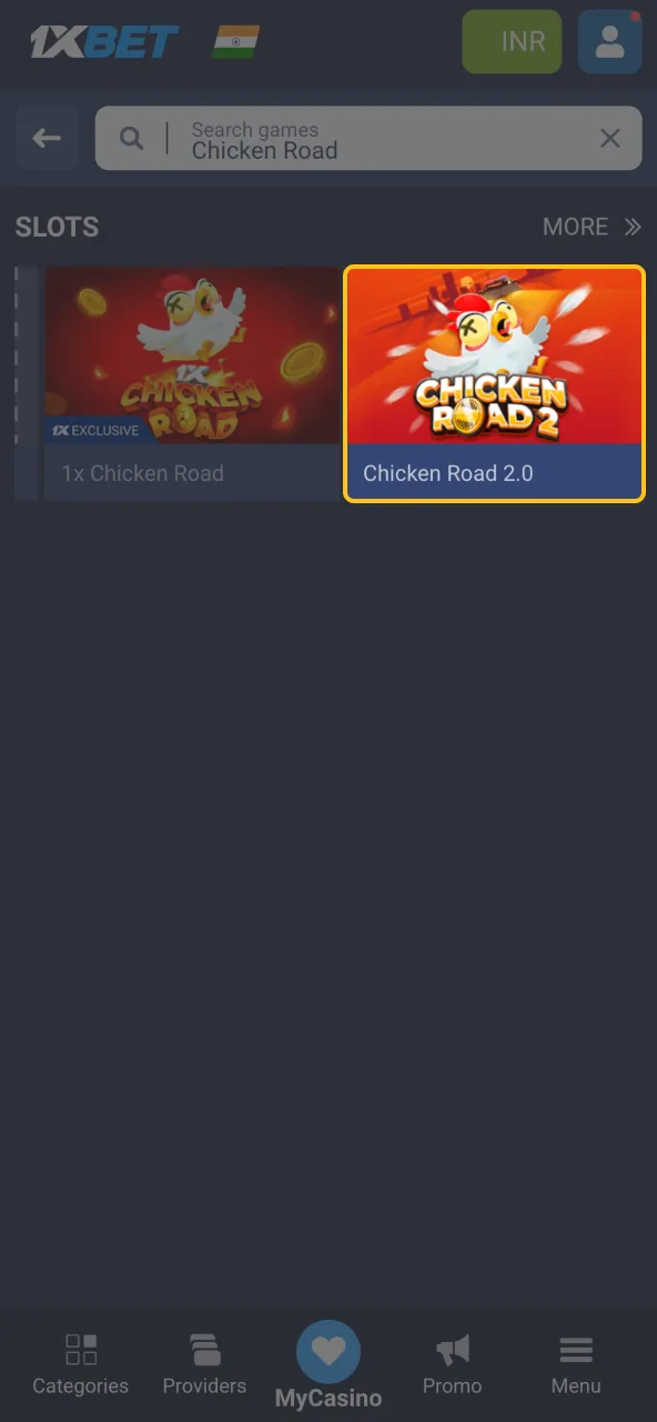 Open 1xBet lobby and search for Chicken Road 2 in crash or mini-games.