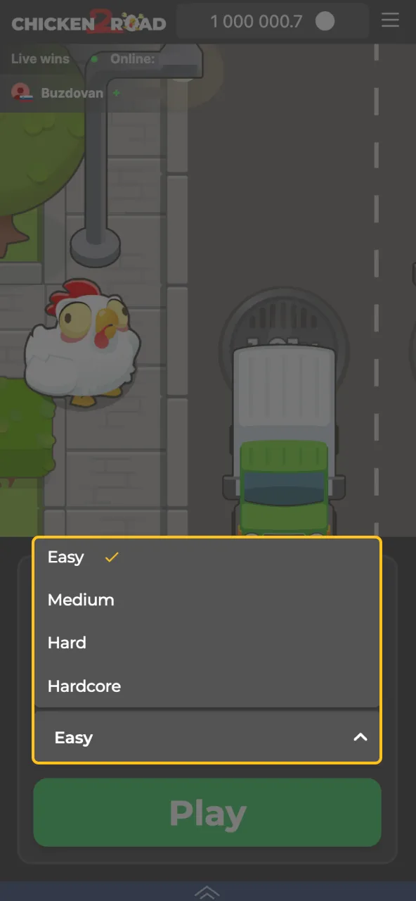 Pick difficulty level and enter stake amount in 1xBet’s Chicken Road 2 game.