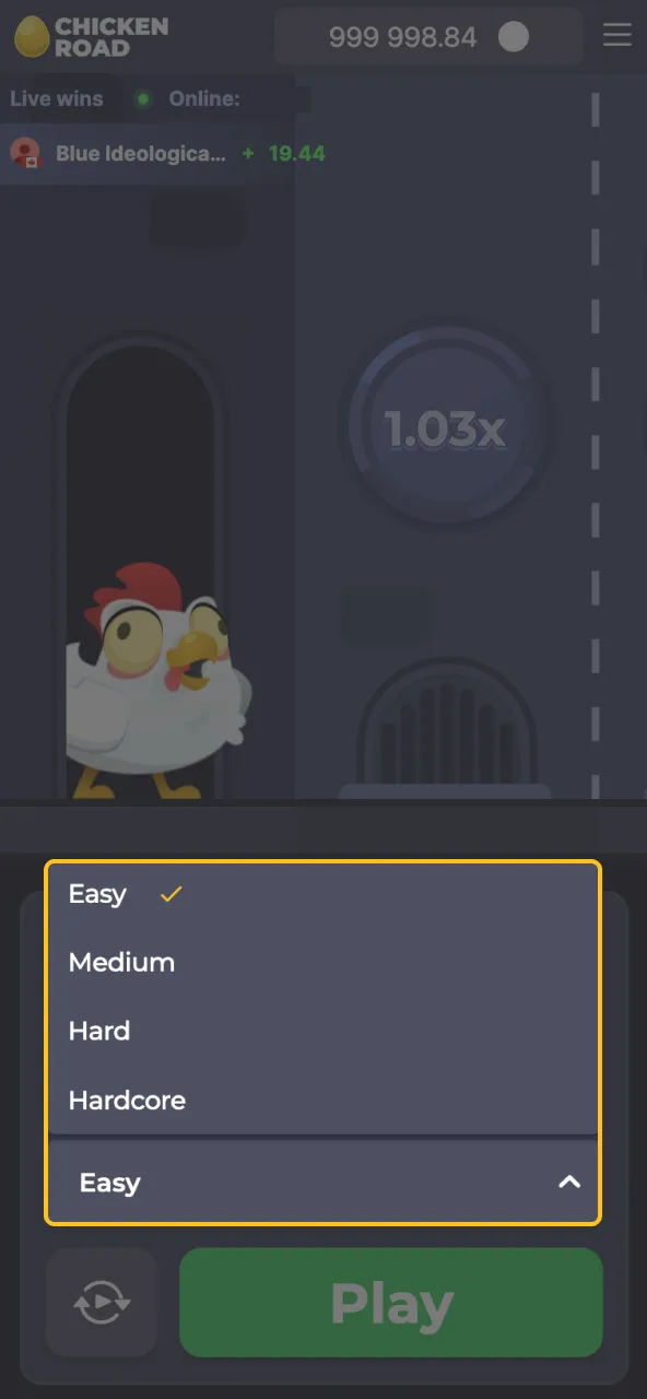 Choose from 4 Chicken Road difficulty levels.