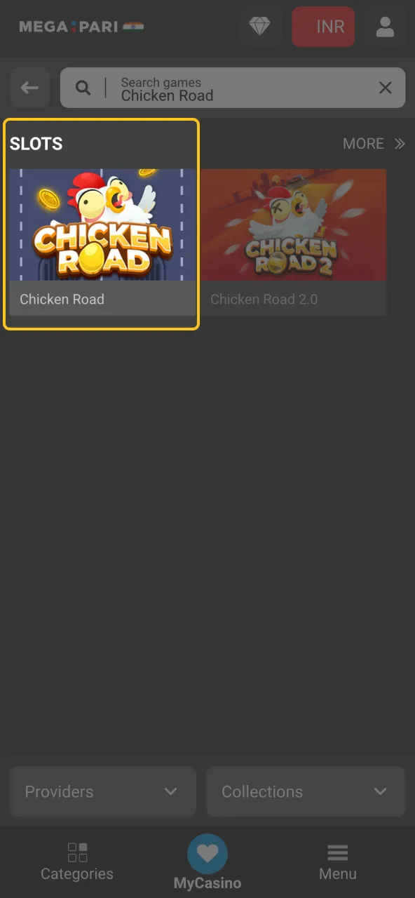 Find Chicken Road in Megapari tab and play now.