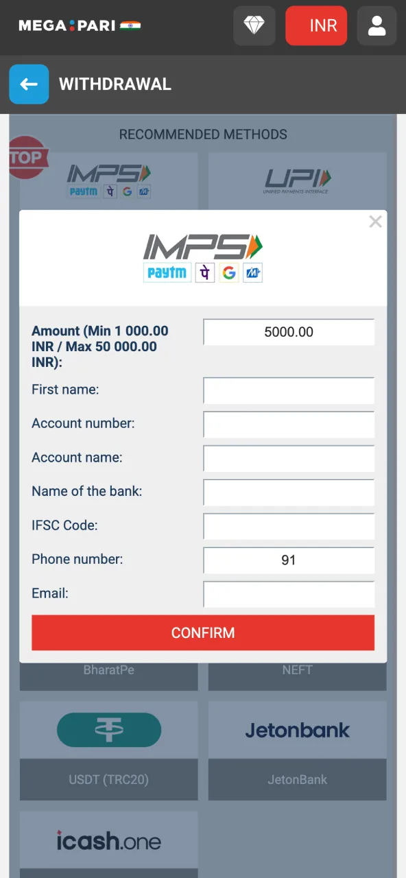 Enter payout value within Megapari’s allowed range.