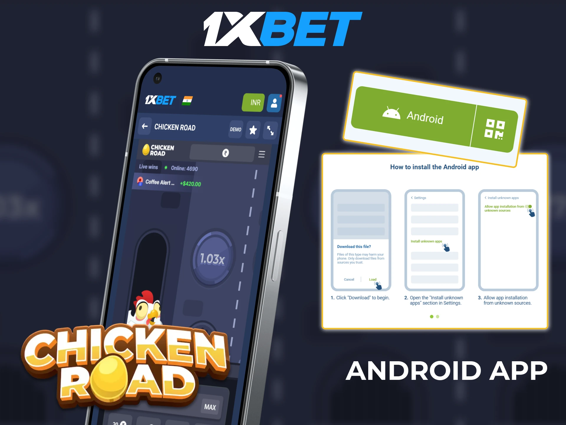 Download the 1xbet app to play Chicken Road.