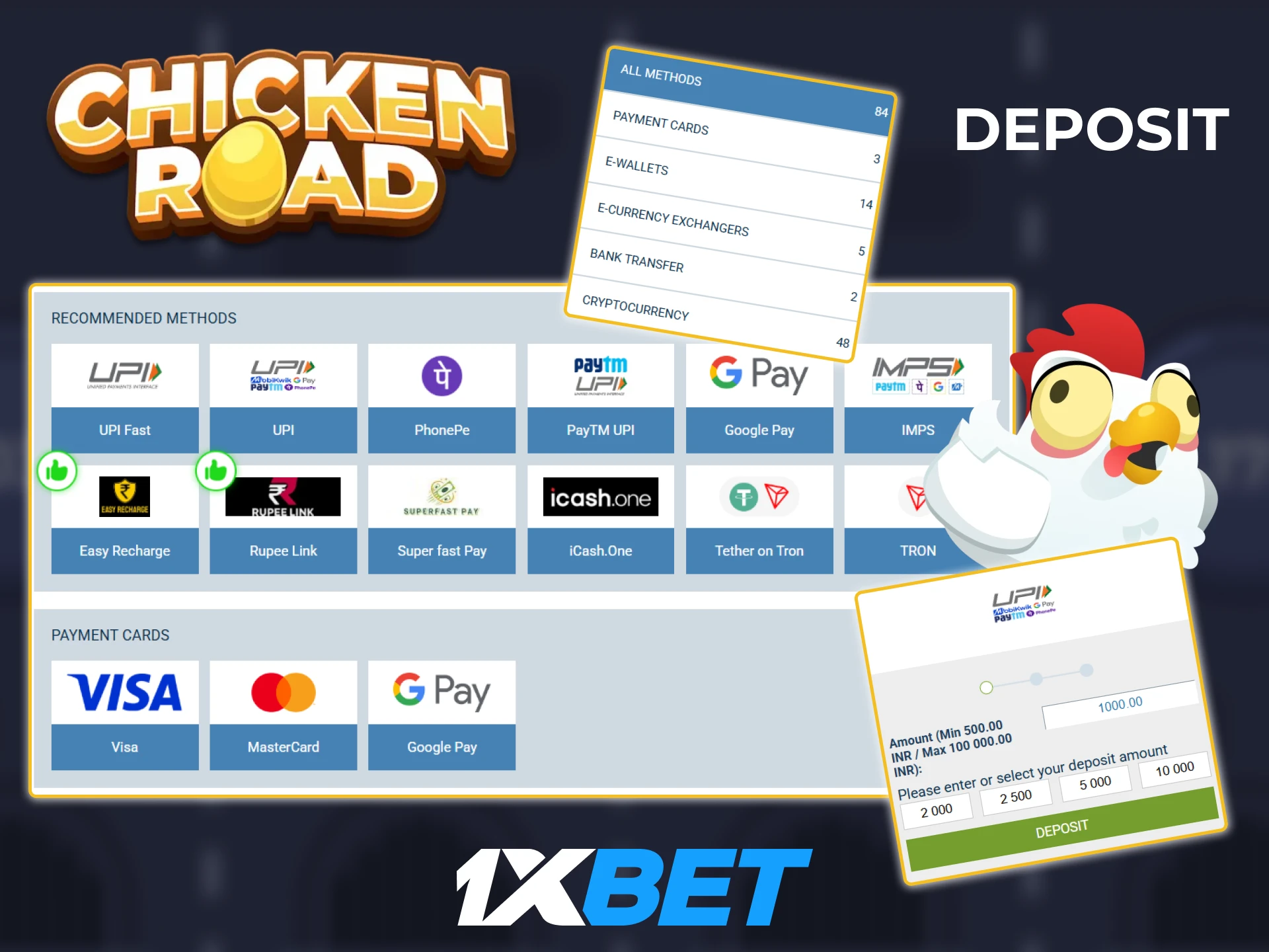 Select a payment method at 1xbet and make a deposit to place bets on Chicken Road.