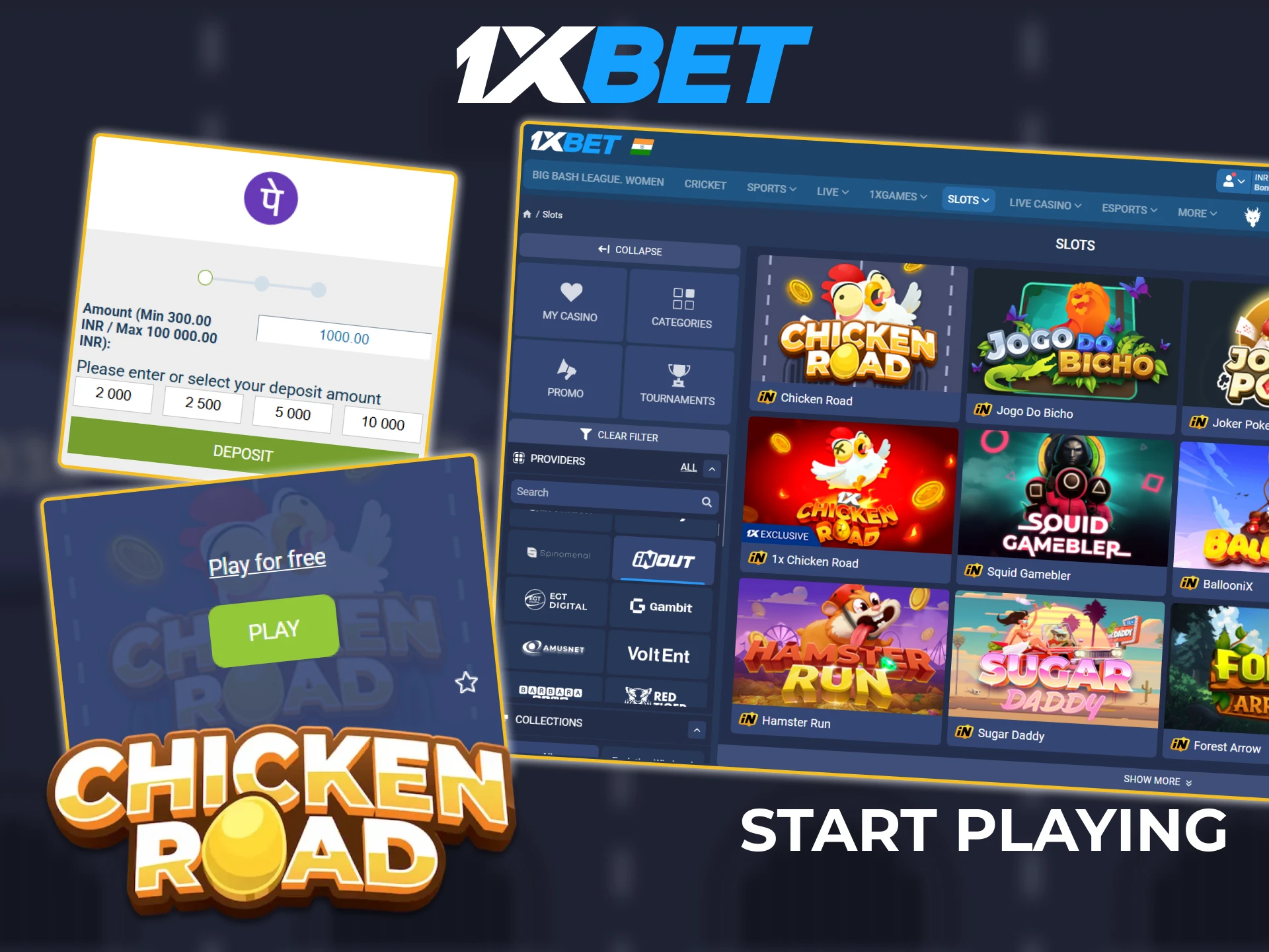 Find the Chicken Road game in the 1xbet casino games section.