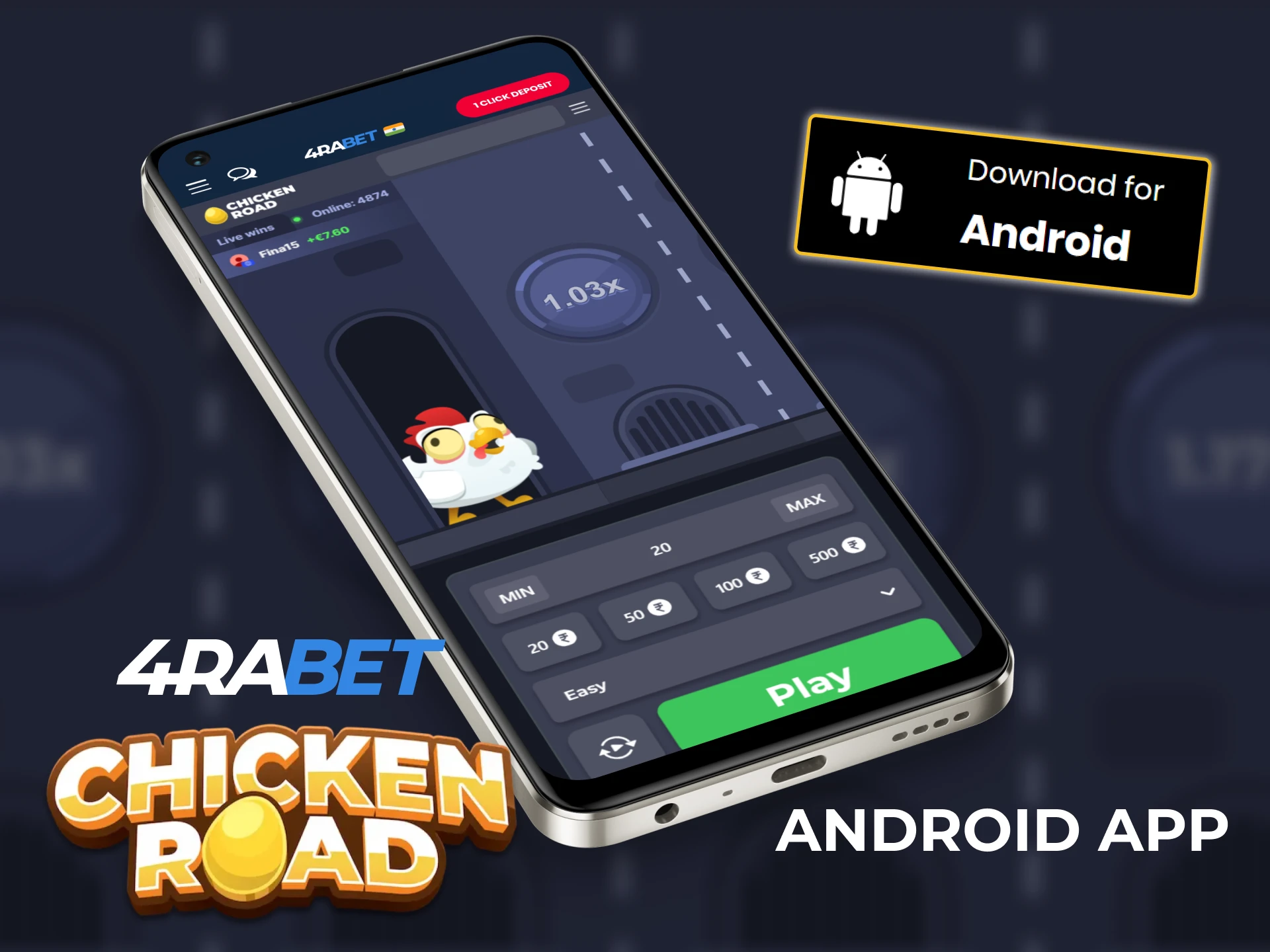 Find the 4rabet APK file for Android and install the app to play Chicken Road.