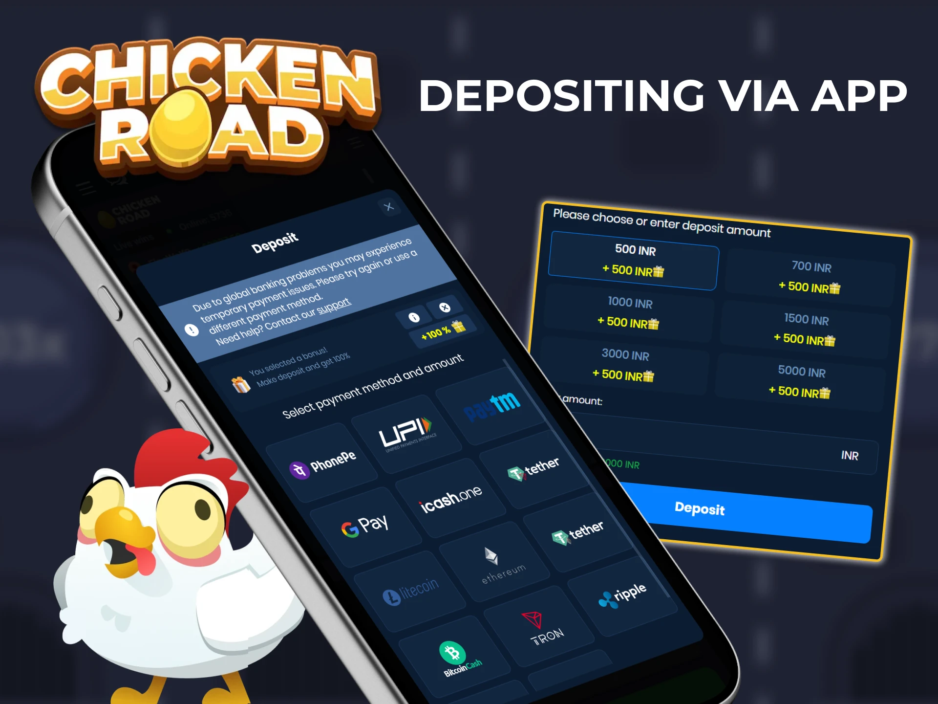 Easily top up your account via the casino app and play Chicken Road.