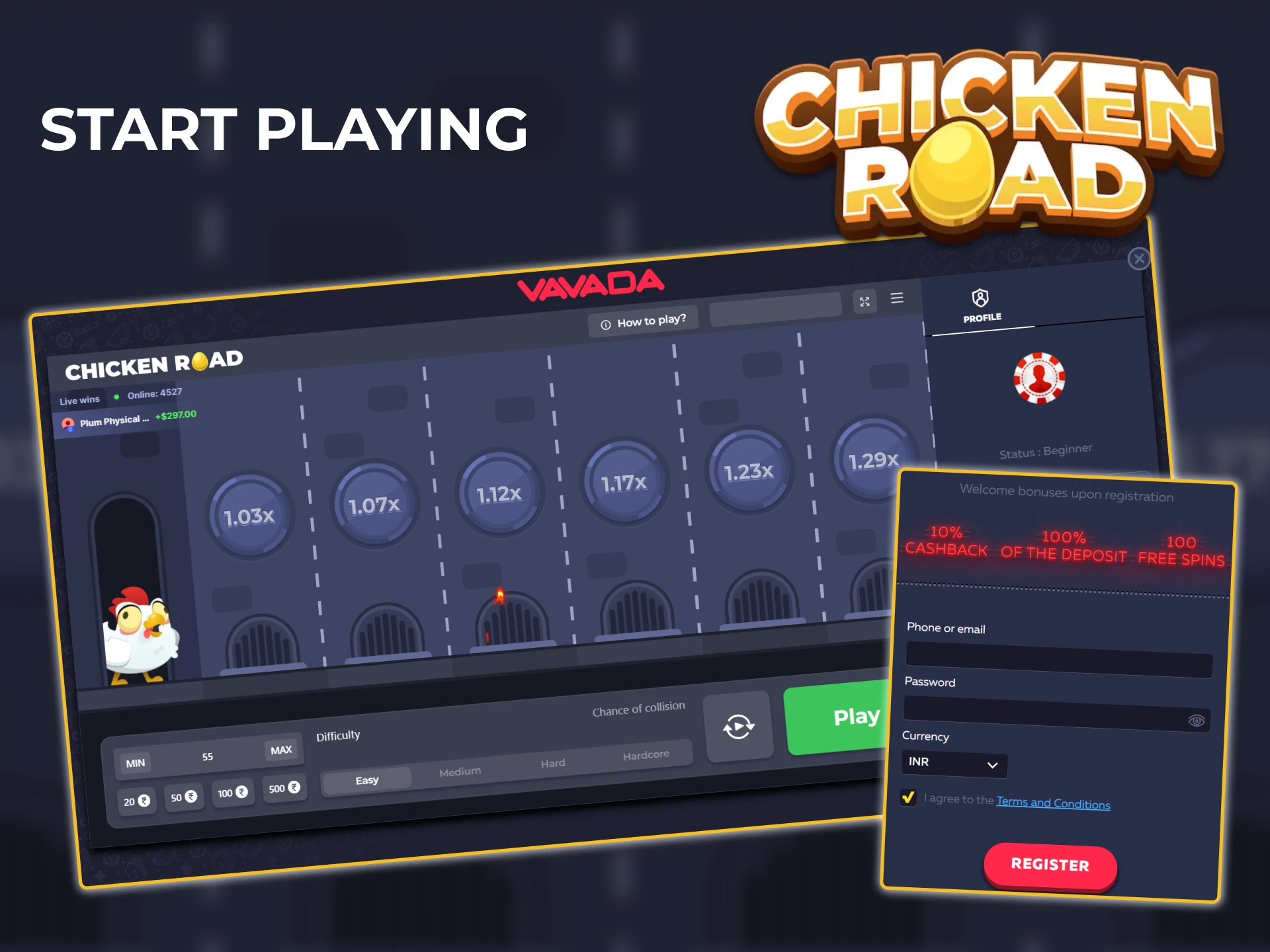 Log in or register at your favorite casino, then start playing Chicken Road.