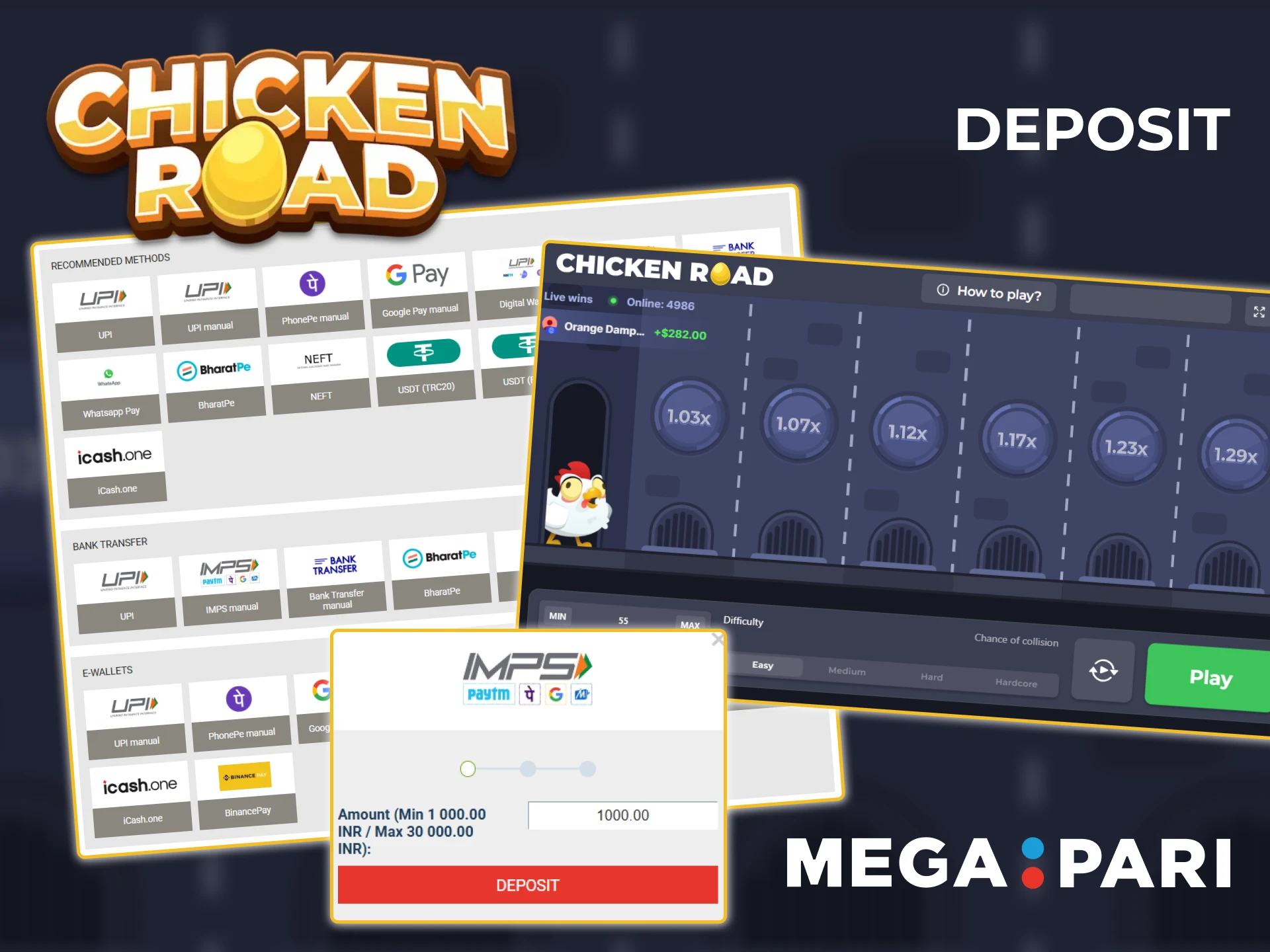 Use any of the payment systems available at Megapari to top up your account and bet on Chicken Road.