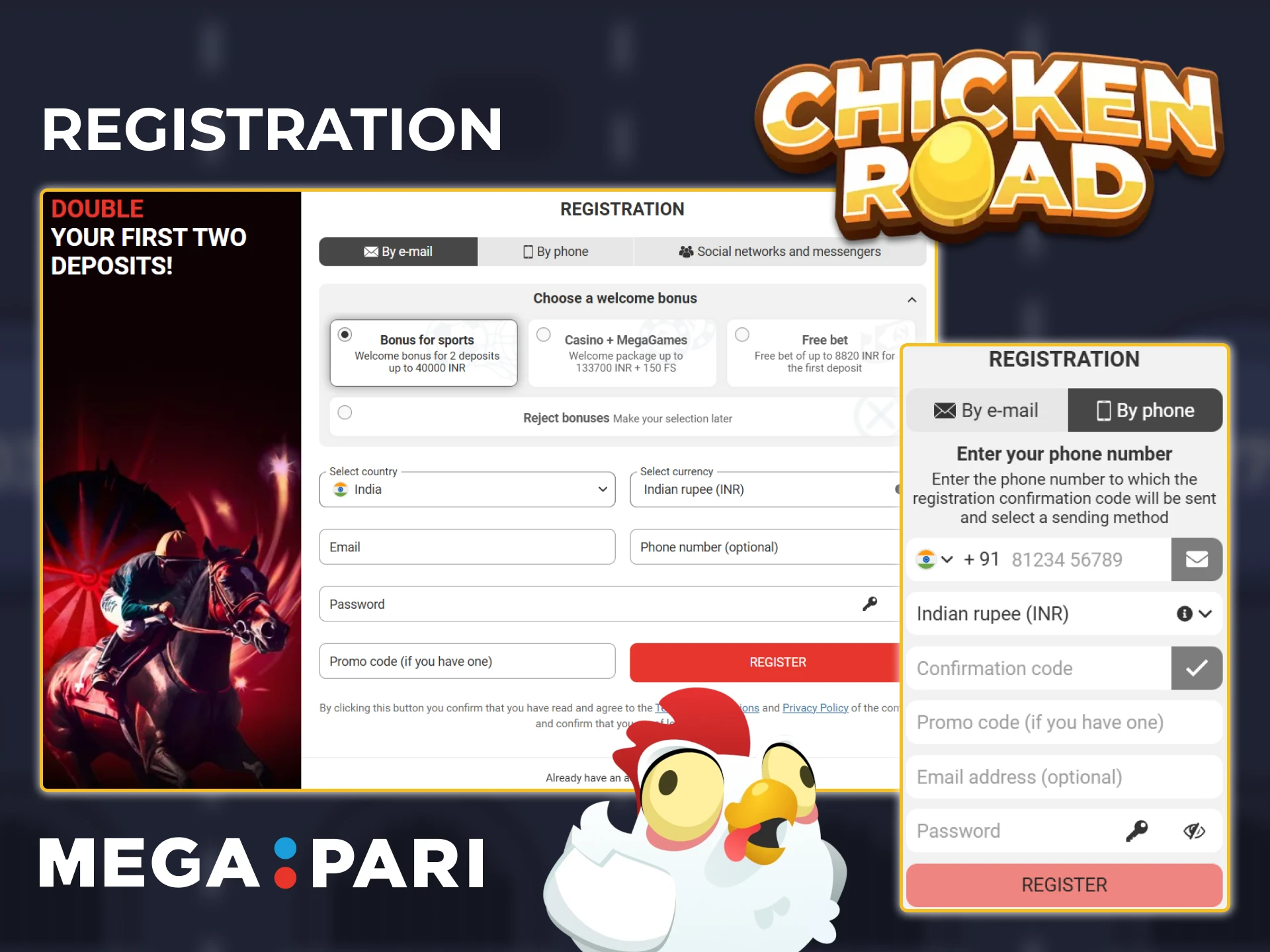 Choose a registration method to create a Megapari account and find Chicken Road to start the game.