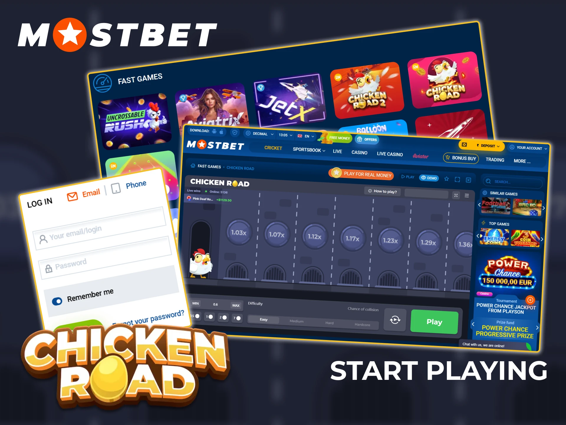 Enter your credentials to log in to your Mostbet account and find the Chicken Road game.