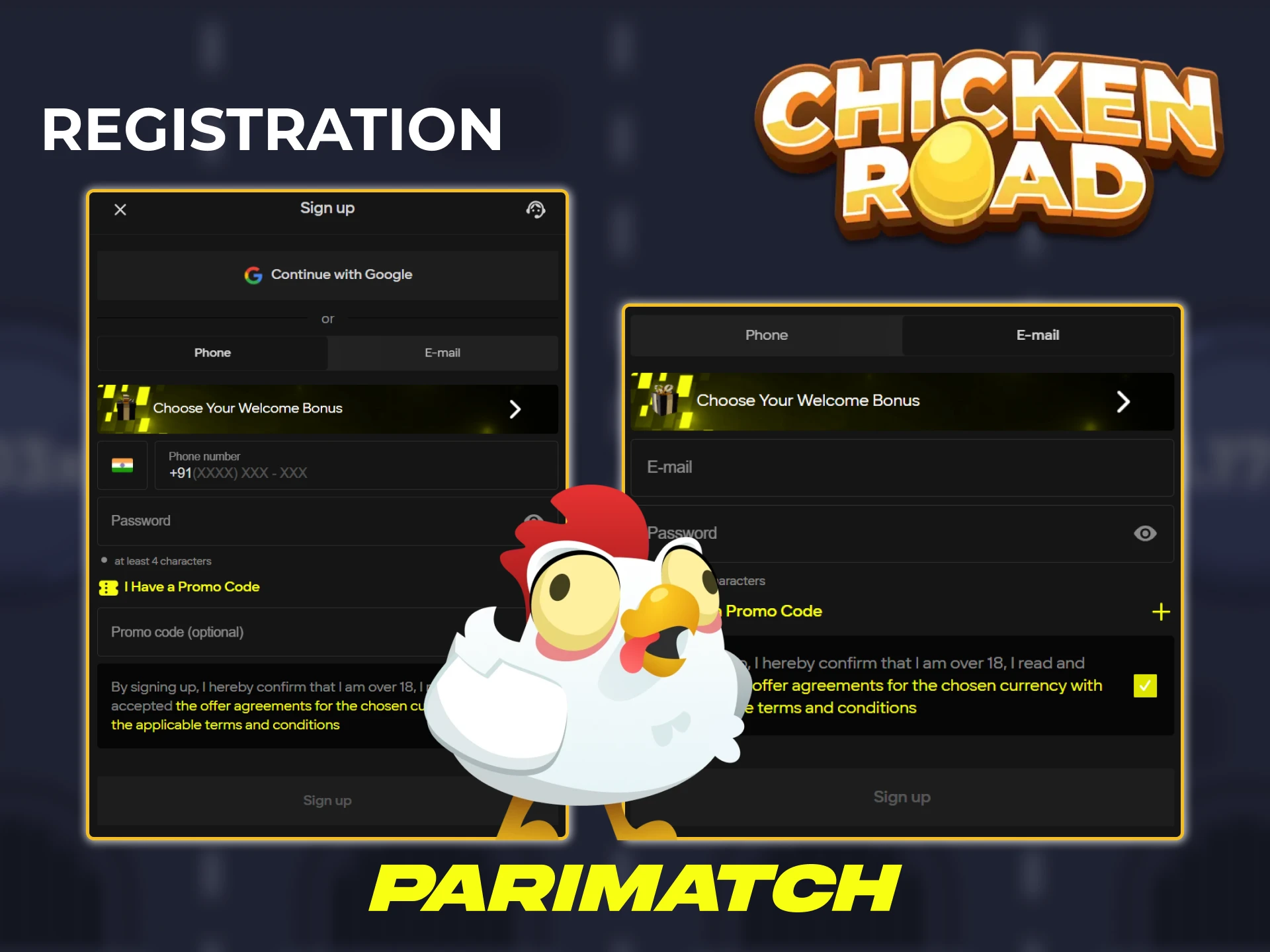 Choose a convenient registration method, sign up on Parimatch, and play Chicken Road.
