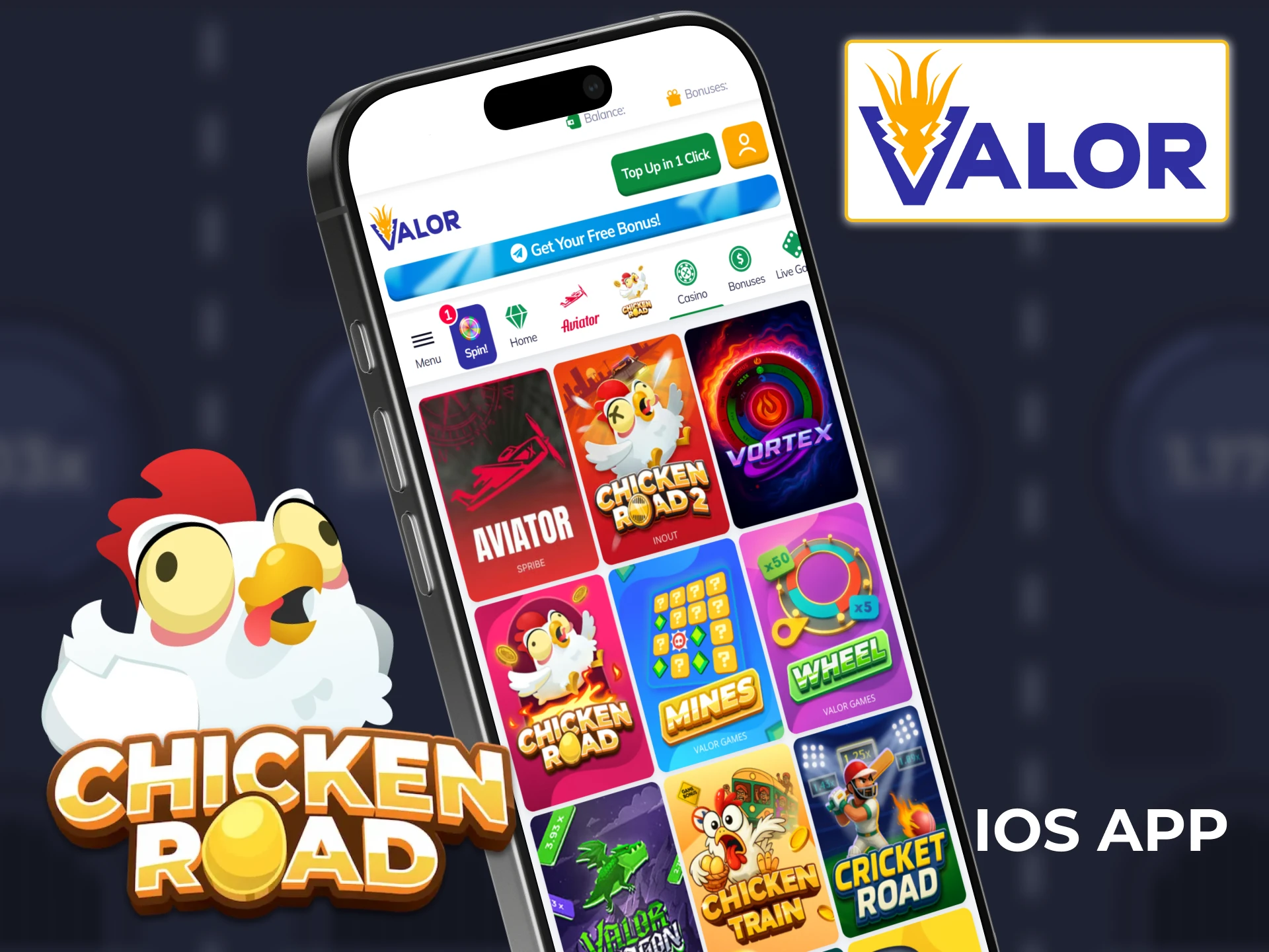Install the Valor app on your iOS device and launch the Chicken Road game.