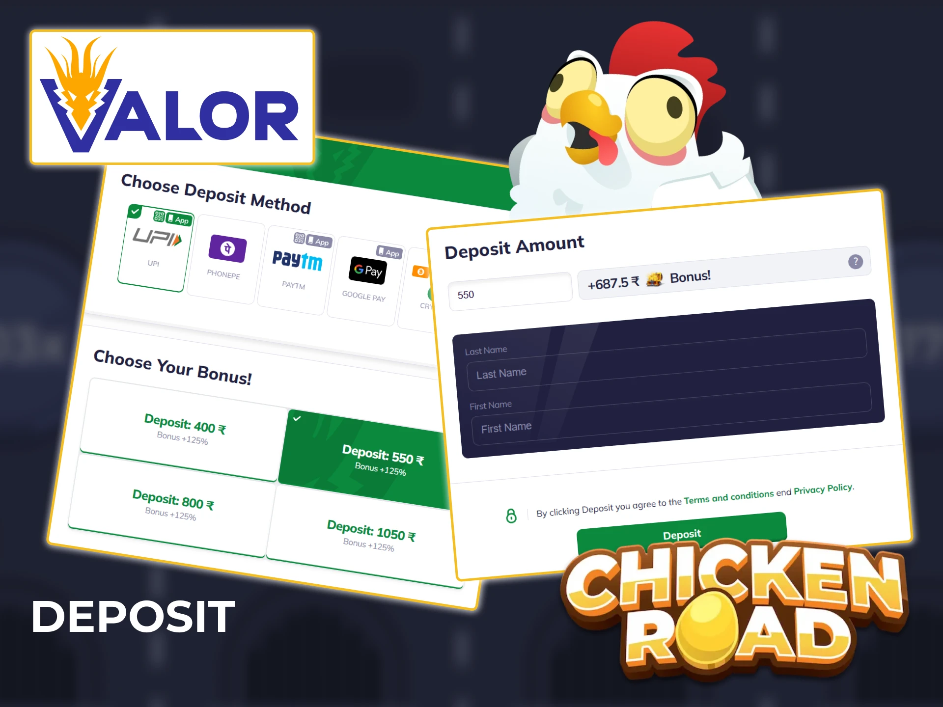 Enter the desired deposit amount, top up your Valor account, and play Chicken Road for real money.