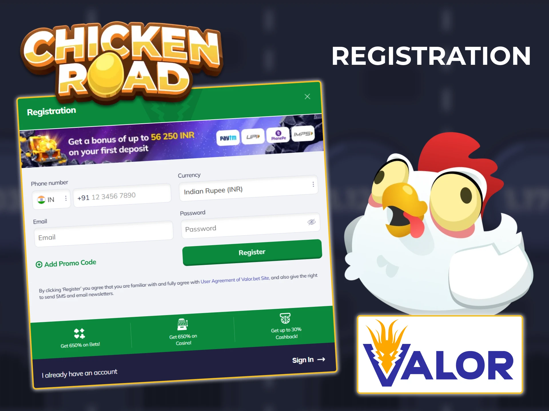 Register at Valor to access the platform and play Chicken Road.