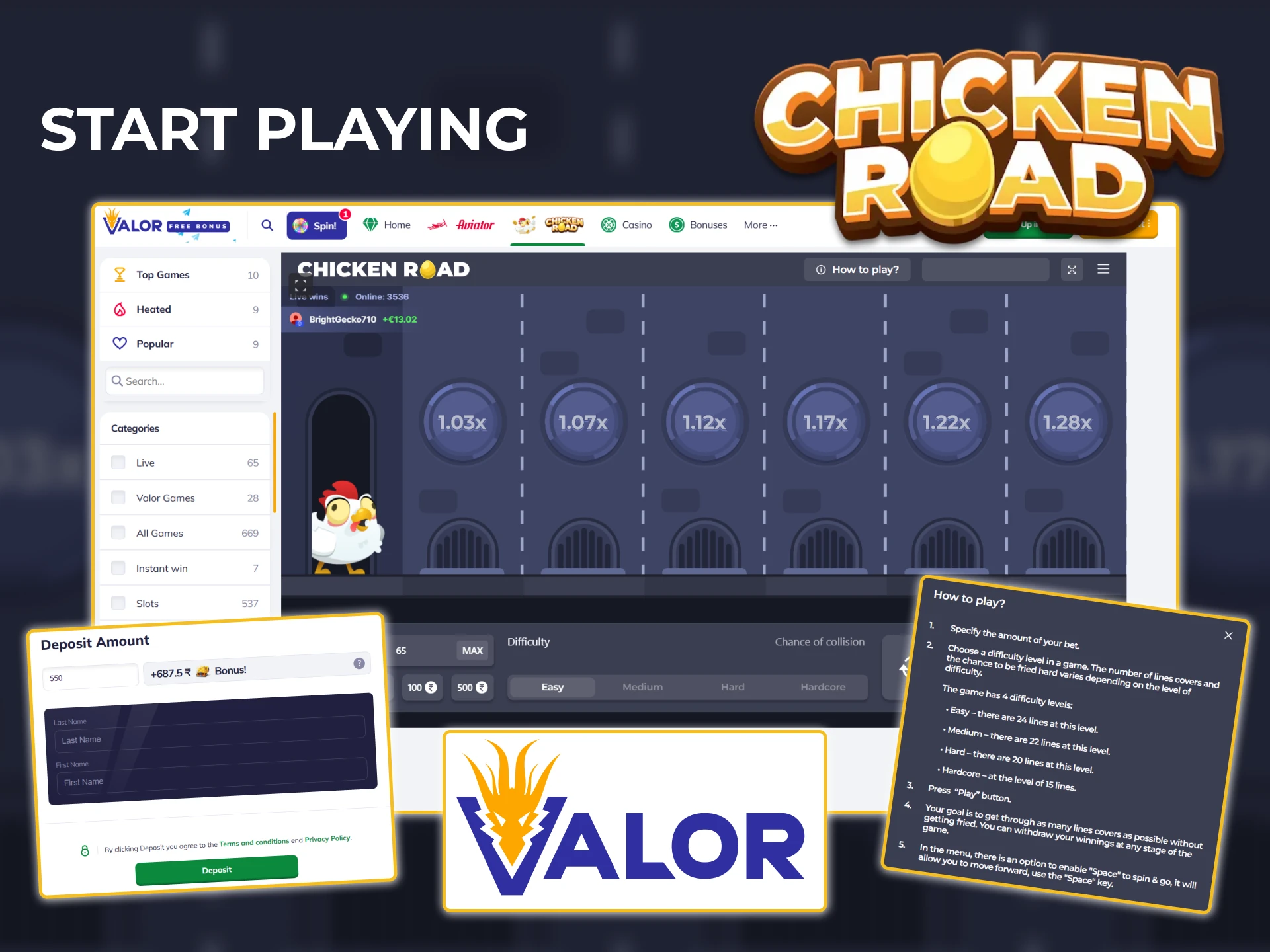 Learn how to start playing Chicken Road at Valor casino.
