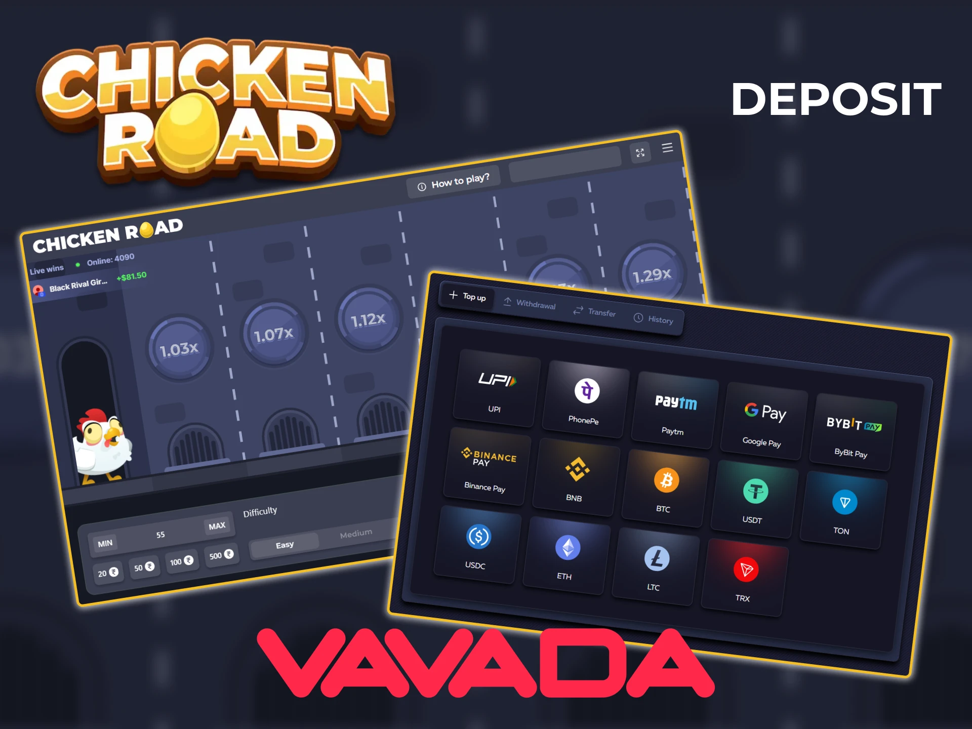 Select a payment method available on the Vavada platform to deposit funds and play Chicken Road.