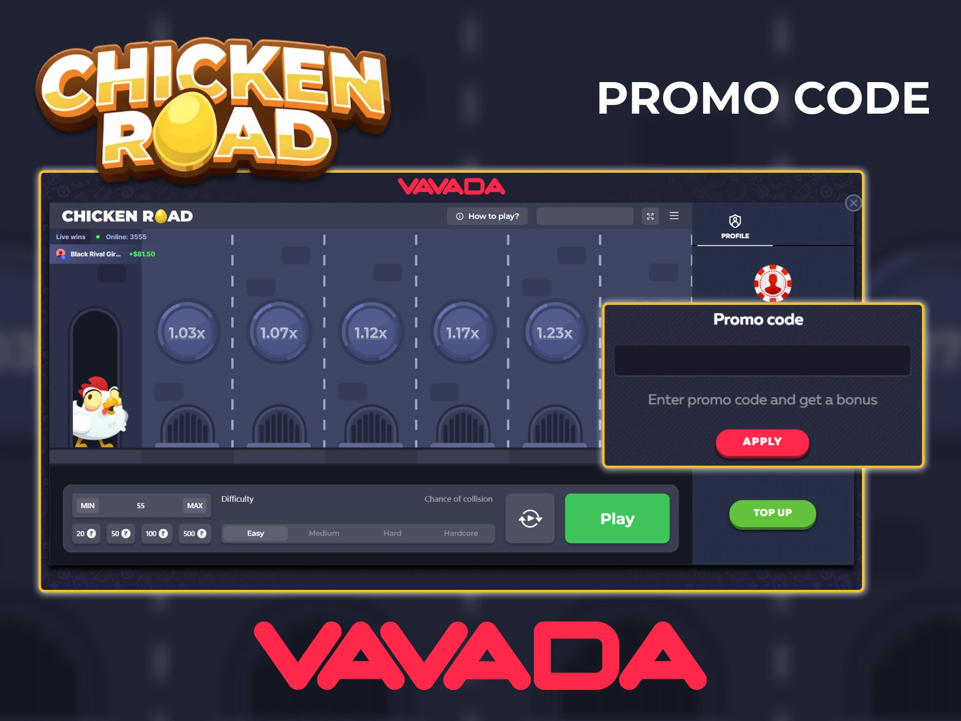 Receive a bonus from the Vavada platform to use in the Chicken Road game.