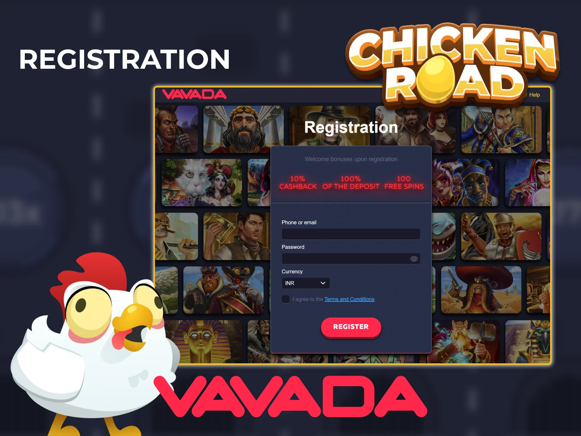 Enter your email address and password to create a Vavada account and have fun in Chicken Road.