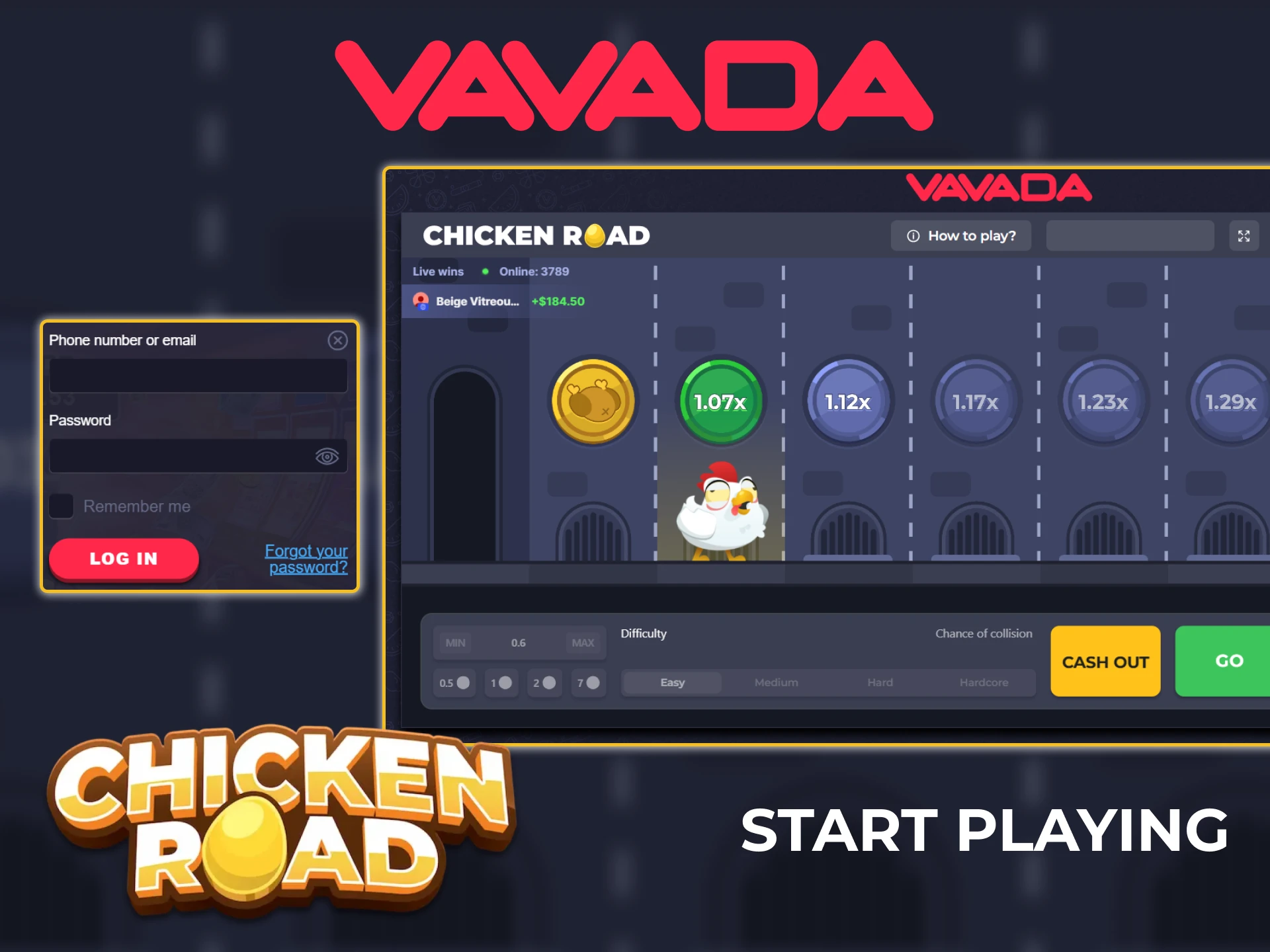Log in to your Vavada account, open the Chicken Road game, and play.