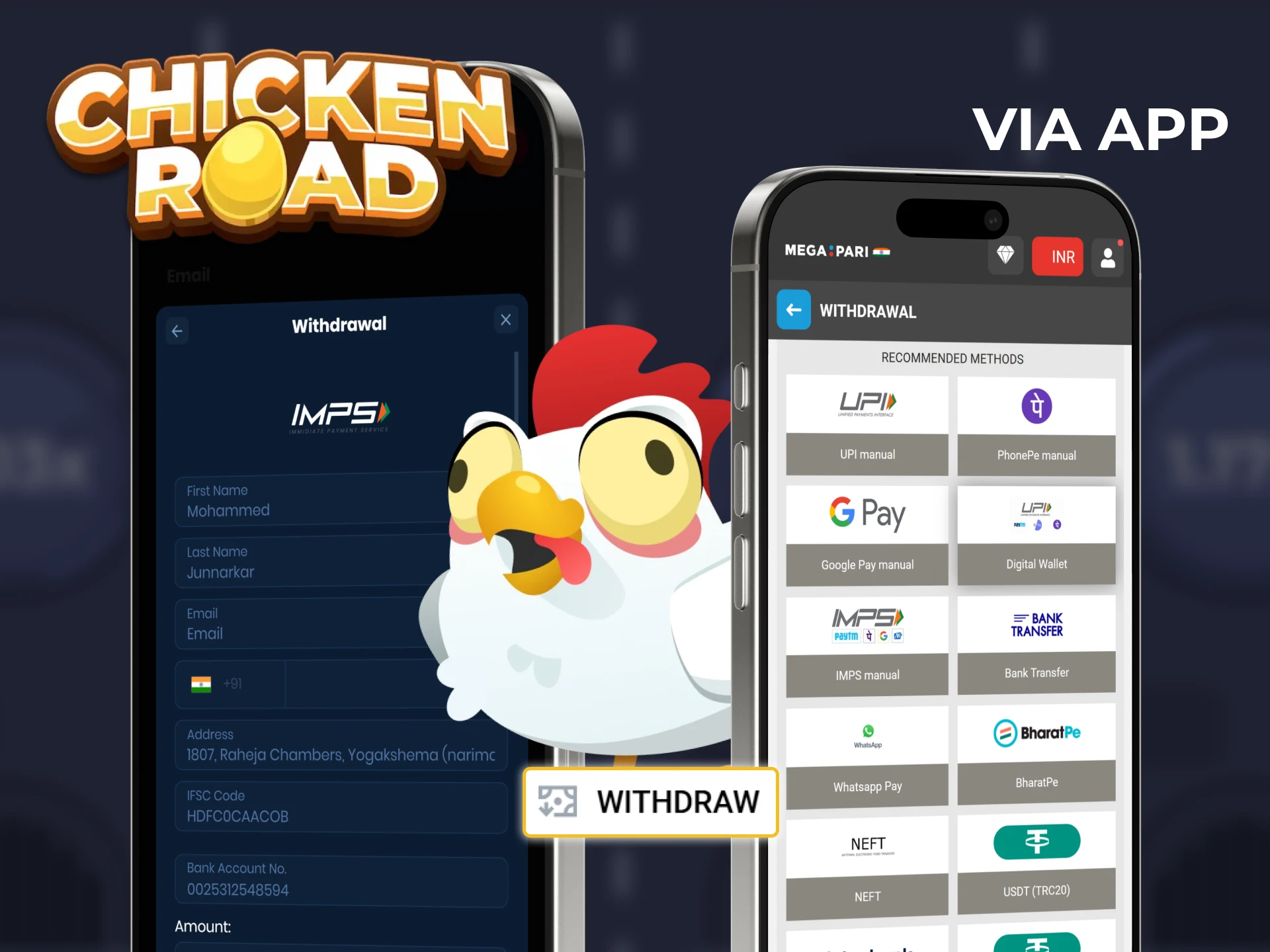 Use the official casino app to withdraw money from Chicken Road.