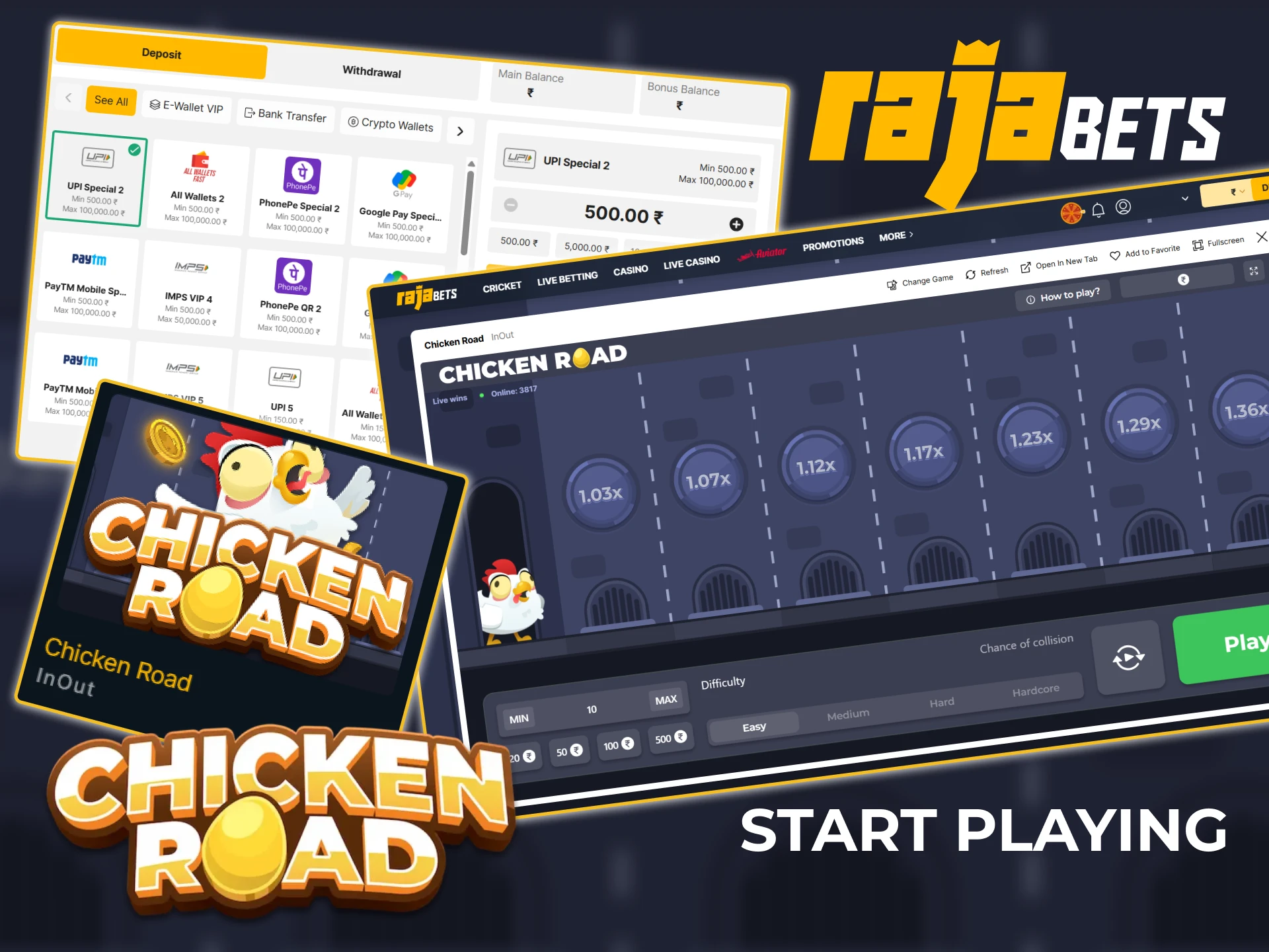 Join Rajabets, make a deposit, and play Chicken Road.