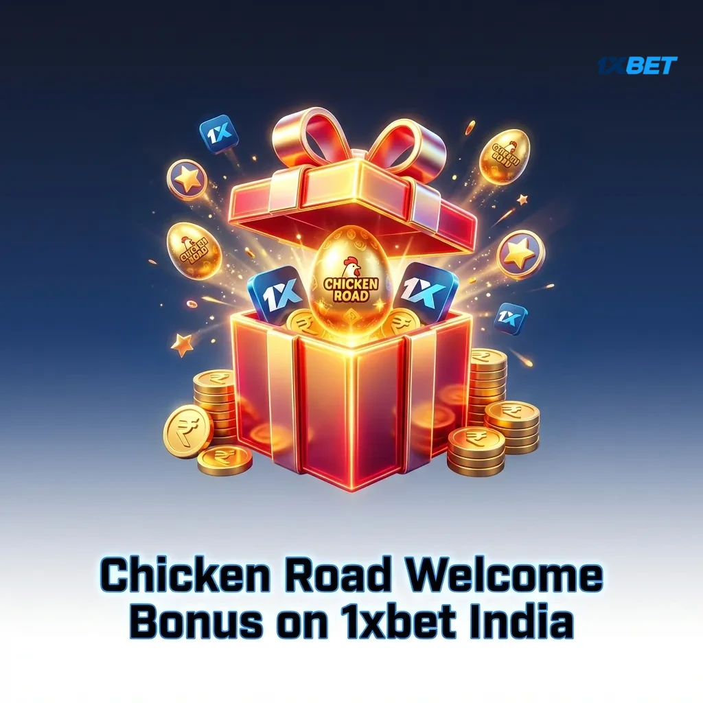 1xbet India welcome bonus offer for Chicken Road casino game showing ₹150,000 plus 150 free spins promotion details
