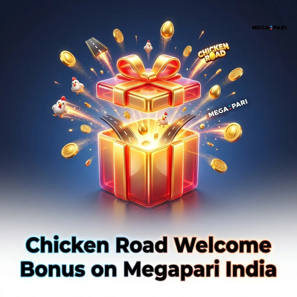 Megapari India welcome bonus page showing ₹1,33,700 offer with 150 free spins for new Chicken Road casino players