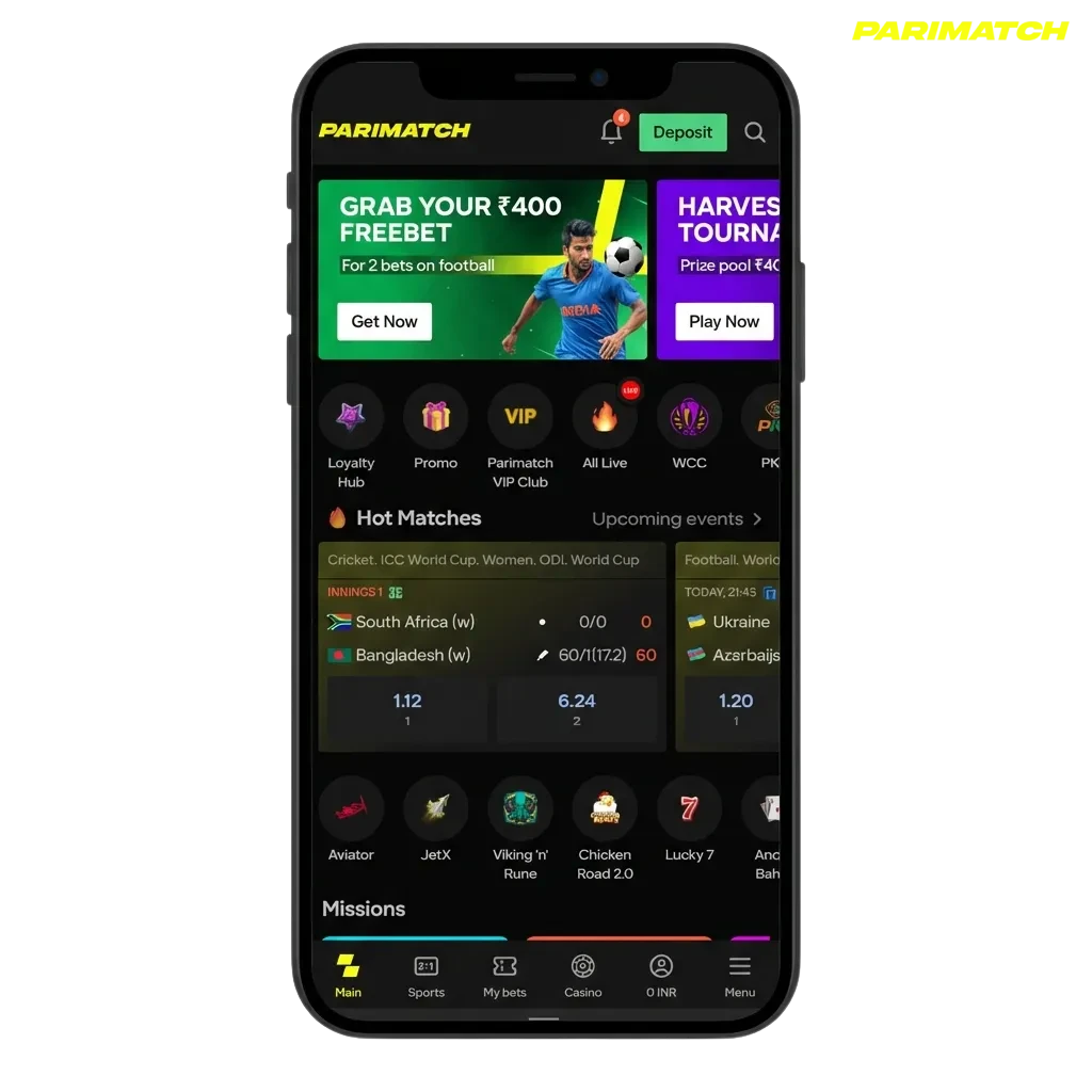 Parimatch Chicken Road mobile game interface on Android and iOS devices showing gameplay features and betting options