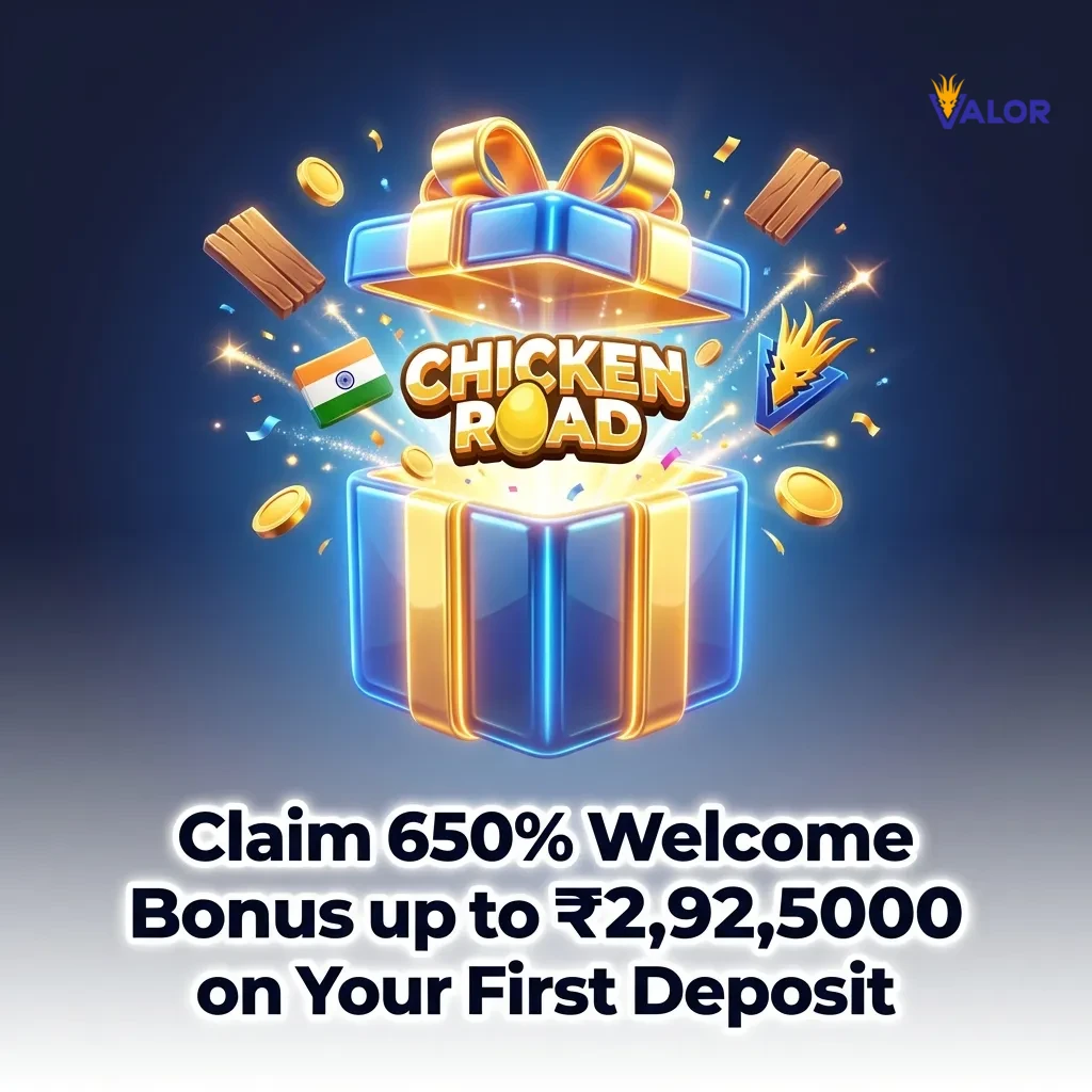 Valor casino welcome bonus of 650% up to ₹2,92,500 on first deposit with registration and payment steps illustrated